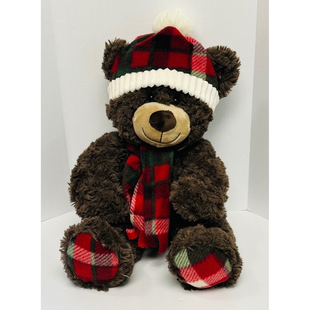 Gentle Treasures Red Plaid Tartan Hat Scarf Winter 14" Brown Teddy Bear Plush